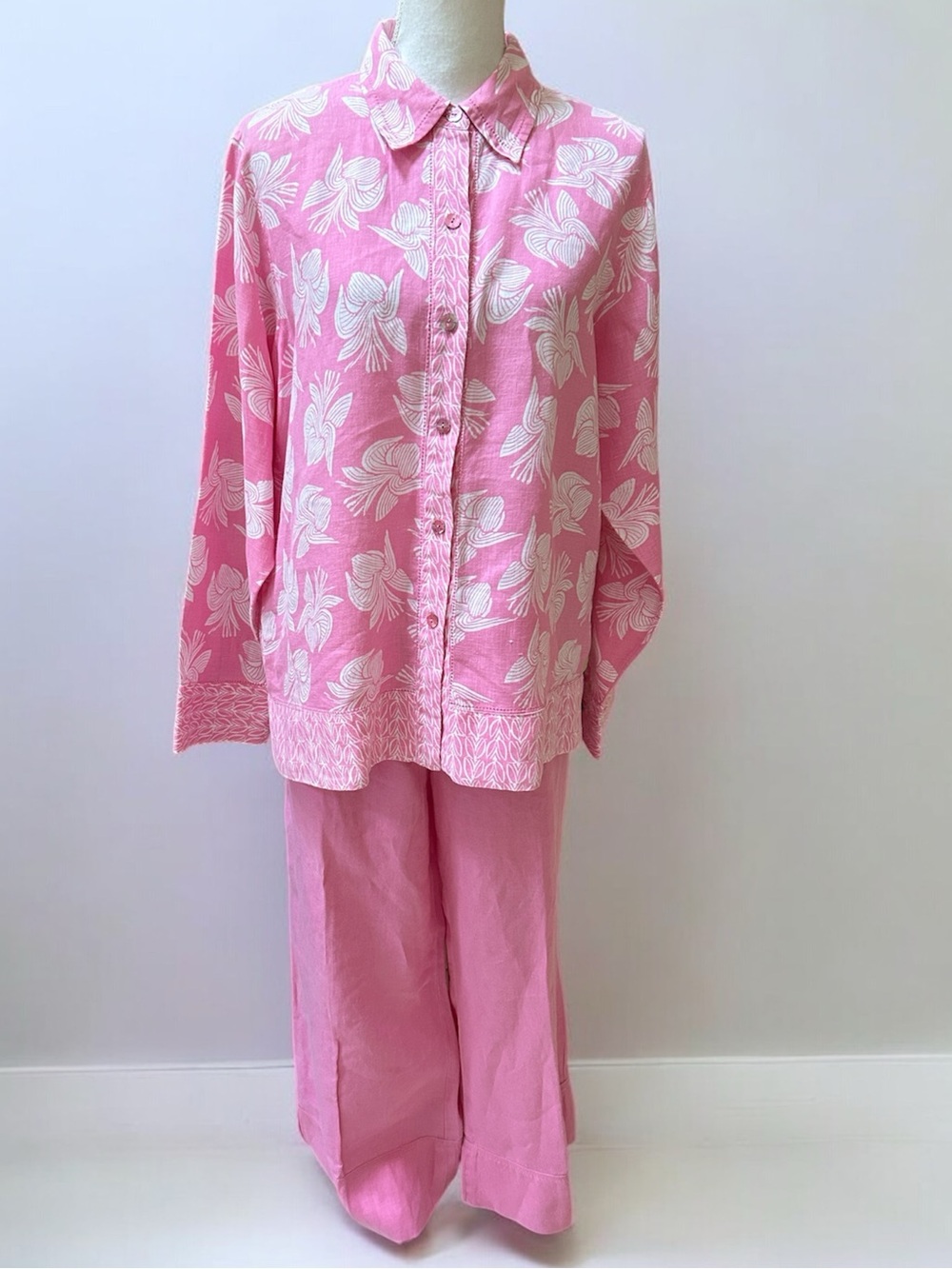 Sigrid Olsen Vtg 100% Linen Pink Floral Long Sleeve Top & Pants 2 PC Suit Set Lg